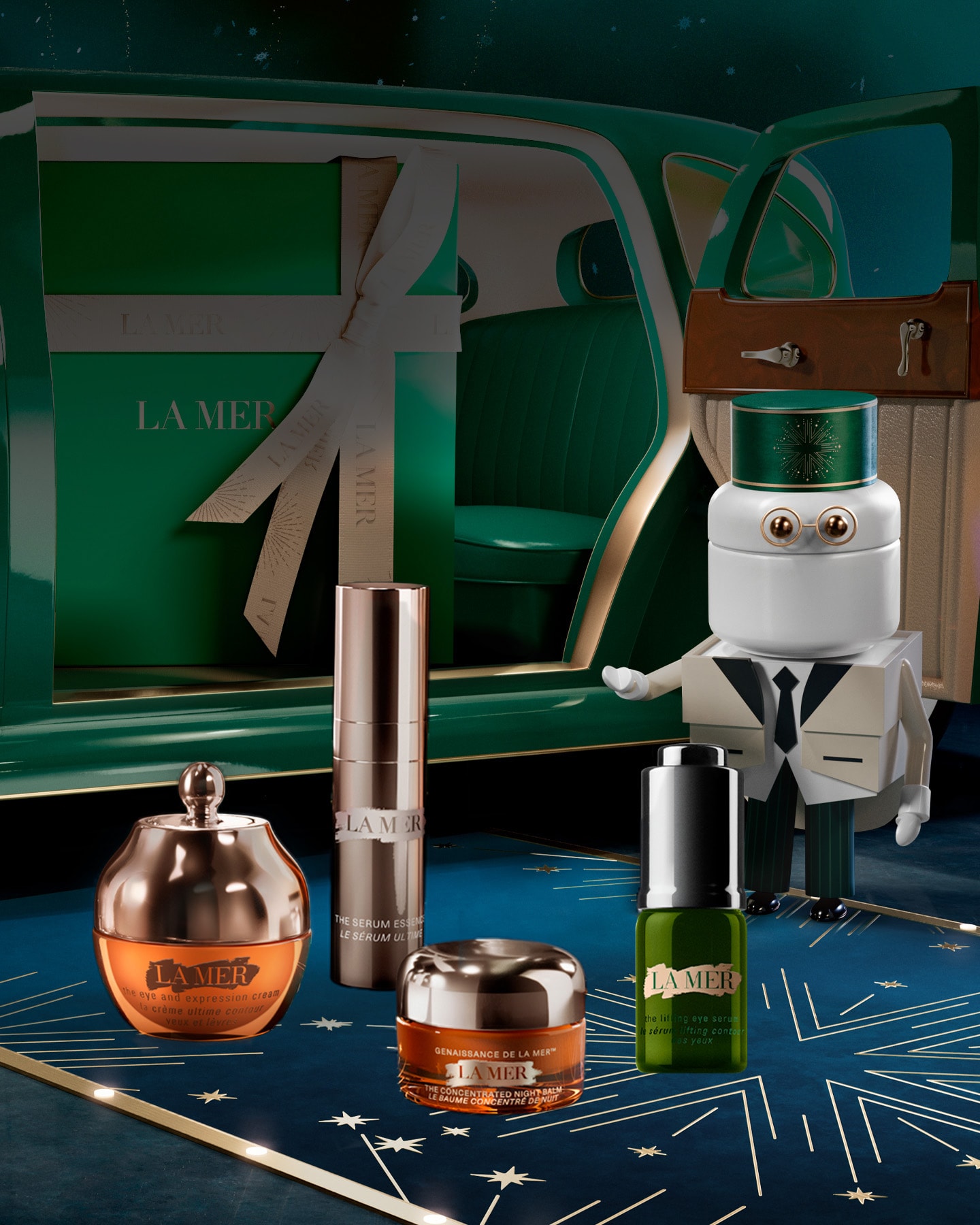 A variety of La Mer skincare products are displayed 