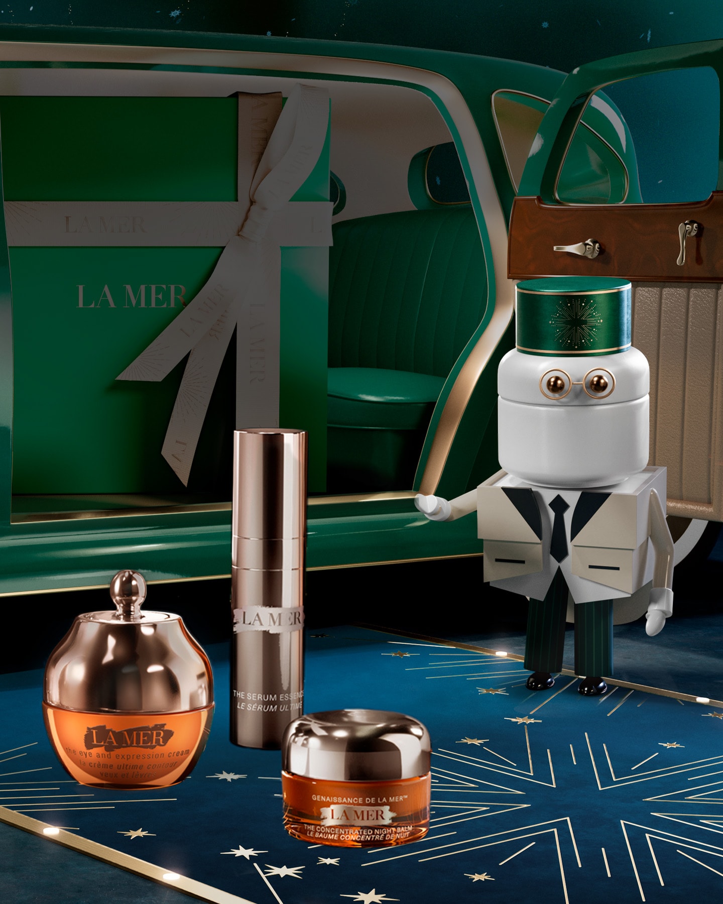 A variety of La Mer skincare products are displayed 