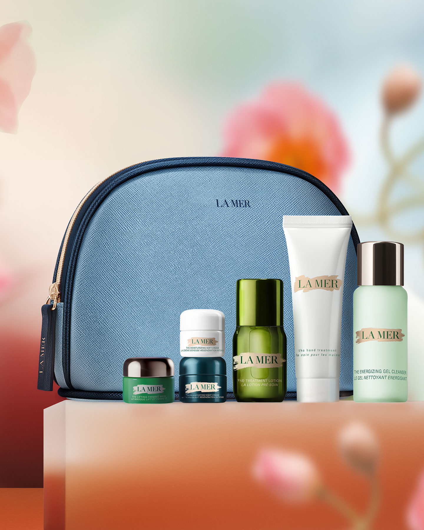 7 piece gift with bag worth $380 on a soft floral background 